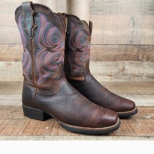 Justin Boots Womens Sz 9.5 B  Brown Pink Blue Western Boot Square Toe